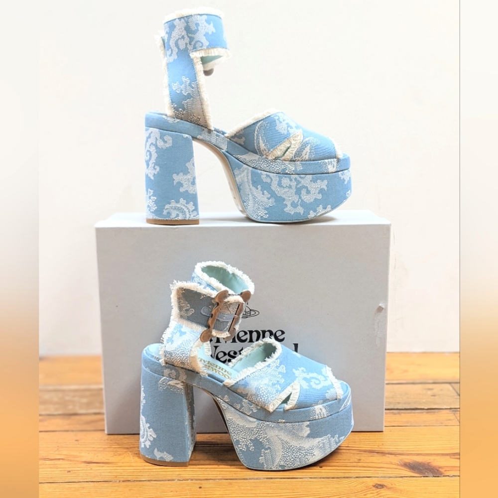 NWB Vivienne Westwood Olde London Jacquard Platform Heels in Powder Blue + White